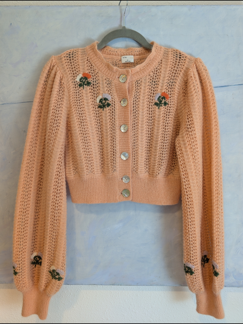 Le Fou Wilfred Peach Knit Cropped Cardigan Sweater with Floral Embroidery